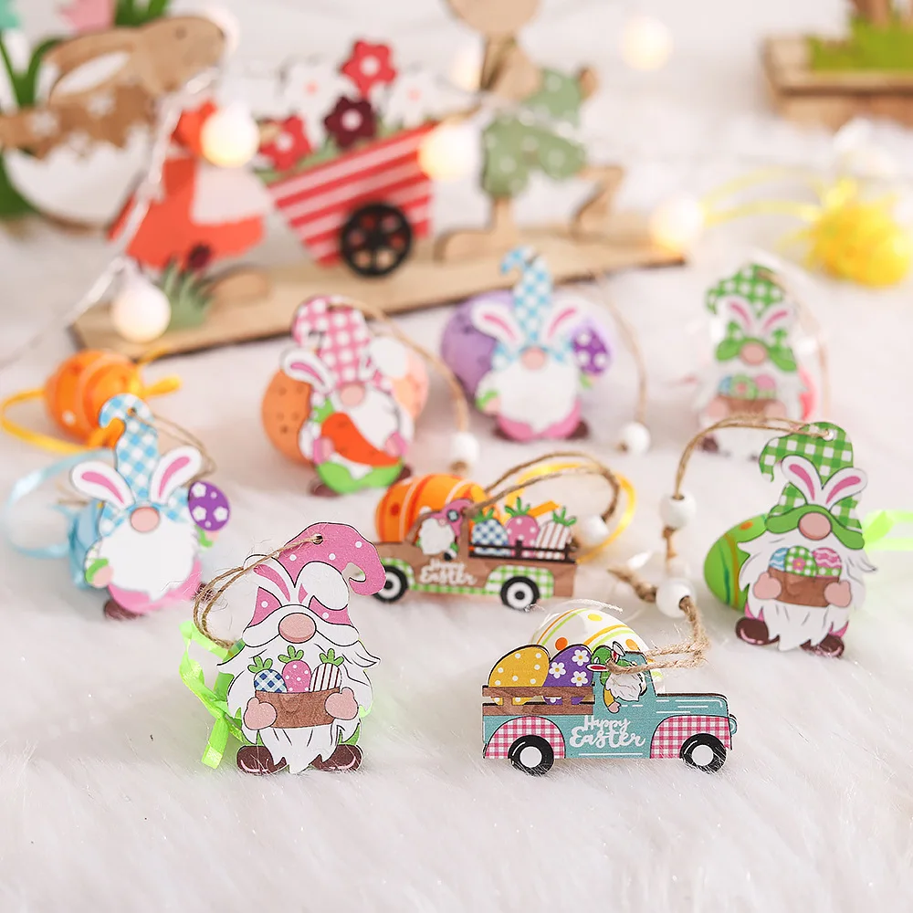 12pcs Easter Eggs Rabbit Car Wooden Pendants Happy Spring Easter Decoration for Home 2024 Carrot Faceless Gnome Easter Day Gifts