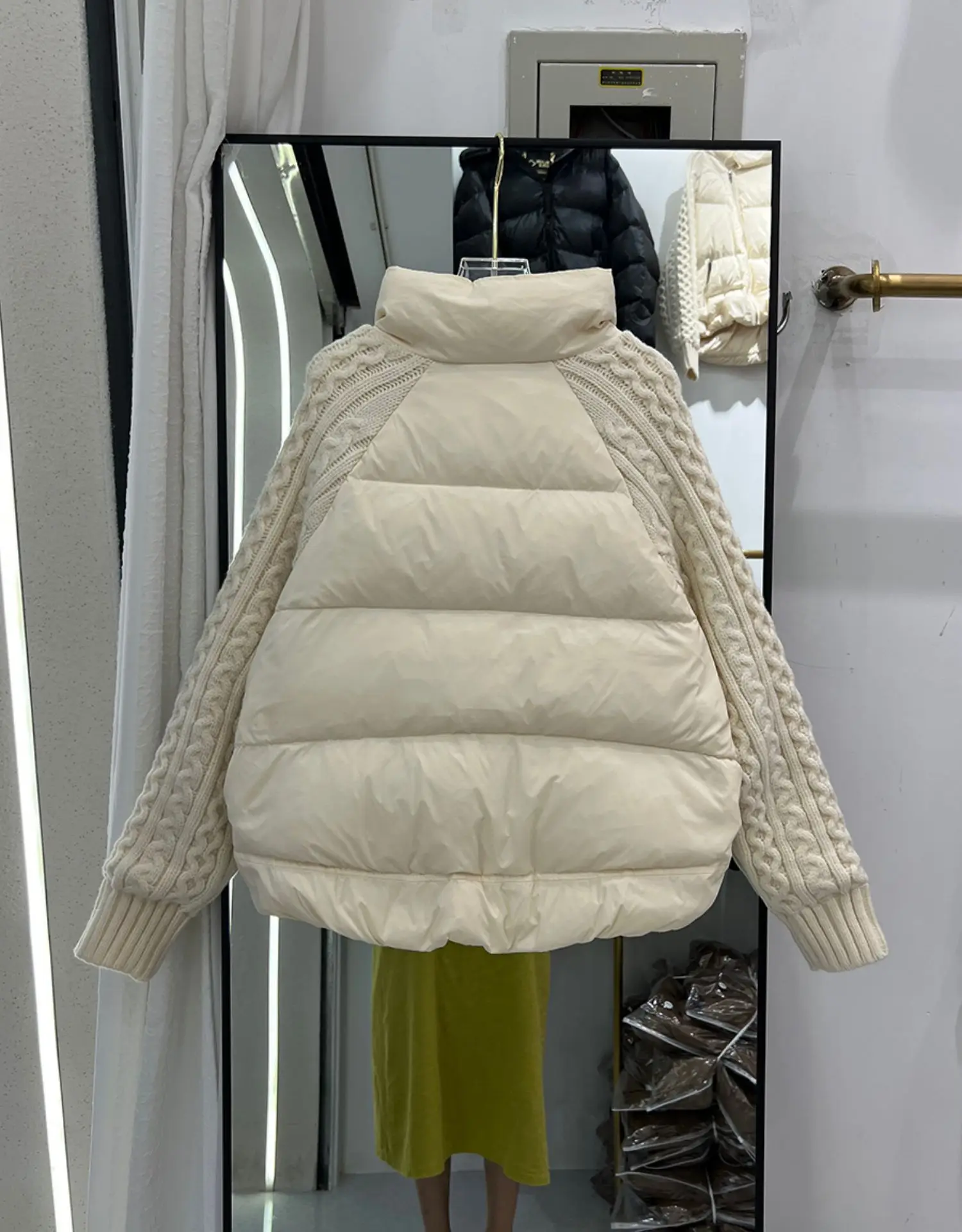 Winter Knit Sleeves Splice Down Jacket Women Stand Collar White Duck Down Parker Outwears Female Diagonal Zipper Fluffy Jackets