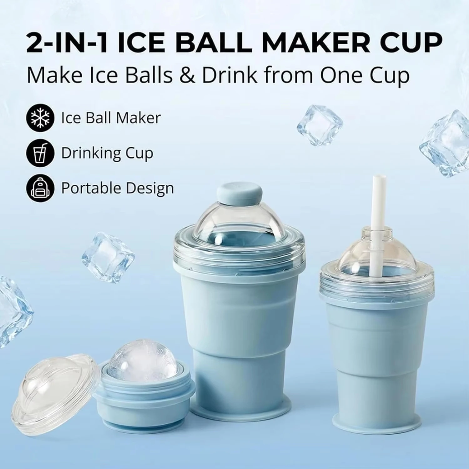 2-in-1 Collapsible Silicone Ice Ball Cup Reusable Portable Ice Sphere Mold with Straw Lid for Coffee Juice Drinks