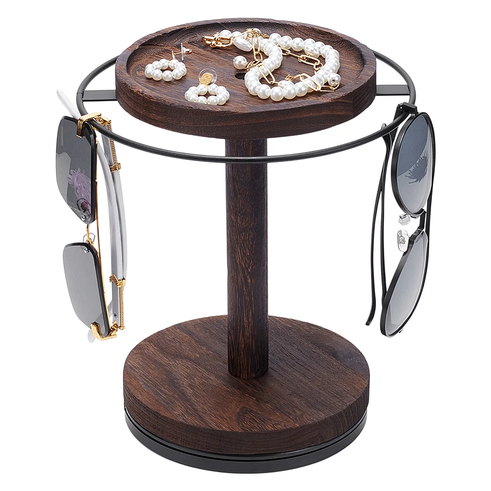 Sunglasses Organizer 360° Rotating Eyeglass Holder Stand with Wood Tray and Base Eye Glass Display Rack for Multiple Sunglass