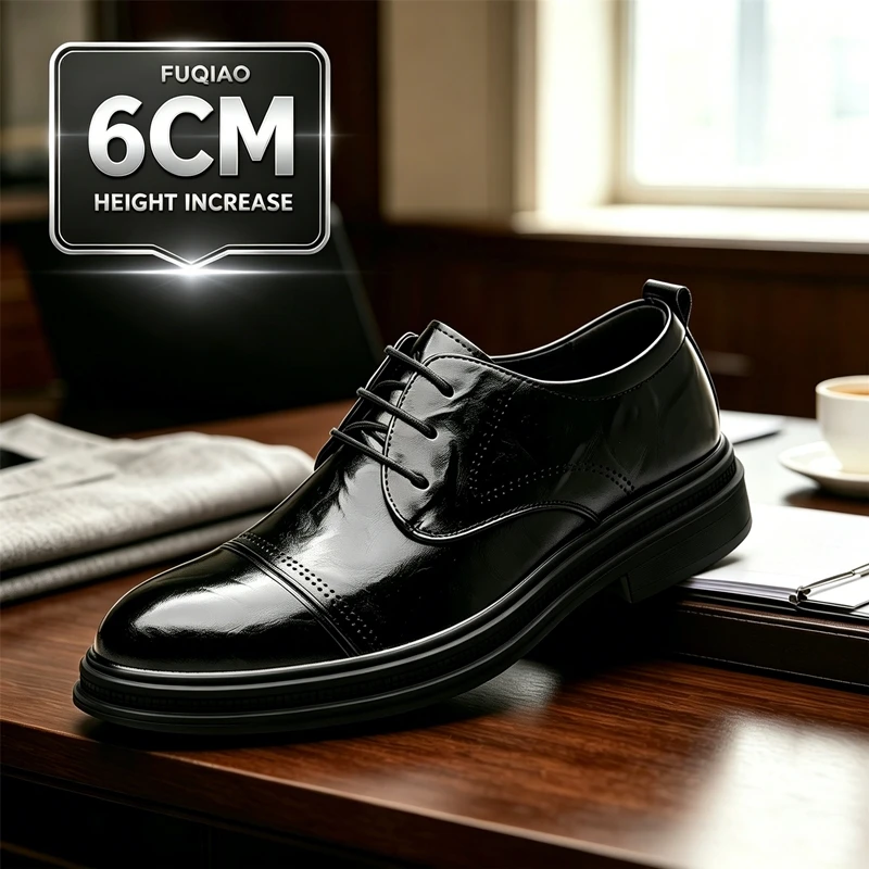 Men Elevator Dress Shoes Flat/6CM Invisible Height Increase Formal Oxfords Business Wedding Banquet Party Gentleman Leather Shoe