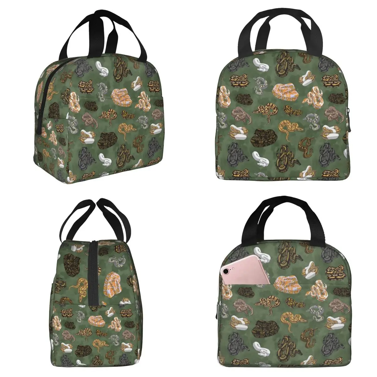 Ball Python Morphs Pattern Moss Green Insulated Lunch Bag for Women Office Cooler Thermal Food Box Tote Lunch Boxes Container