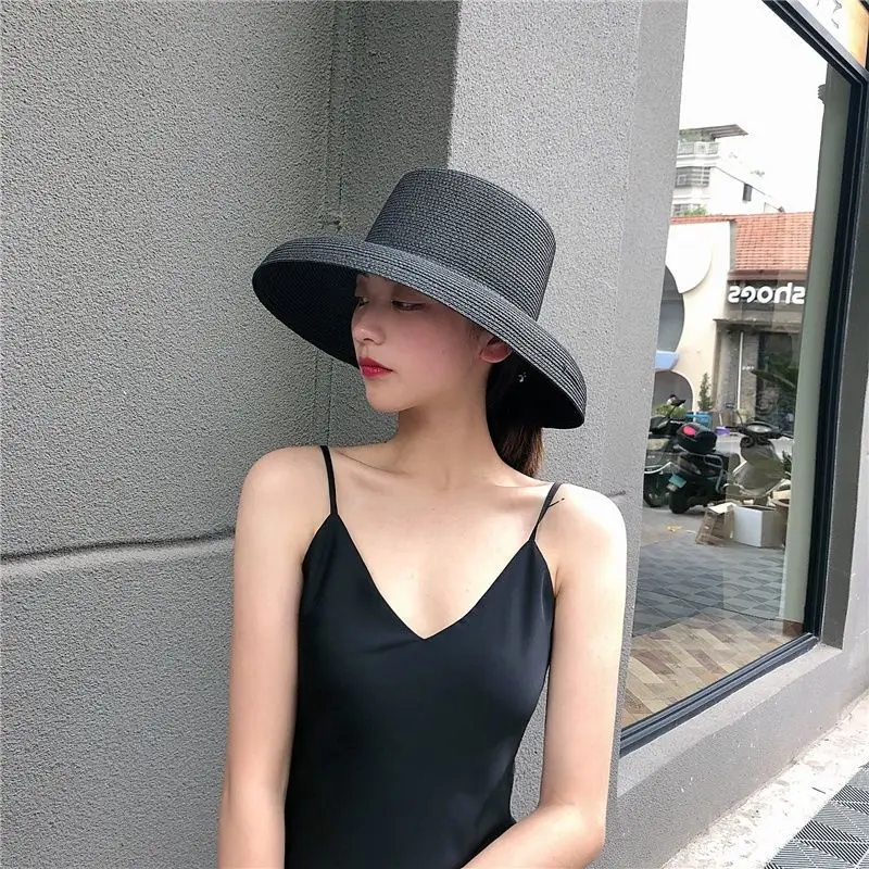 Sun Hat Women Summer Straw Hat French Retro Elegant Hepburn Black Straw Hat Wide Brim Protection Fashion Straw Visor Panama Cap