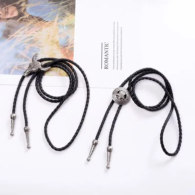 Adjustable Bull Head Five Stars Western Cowboy Bolo Tie Rodeo Dance Necktie Pendant Necklace