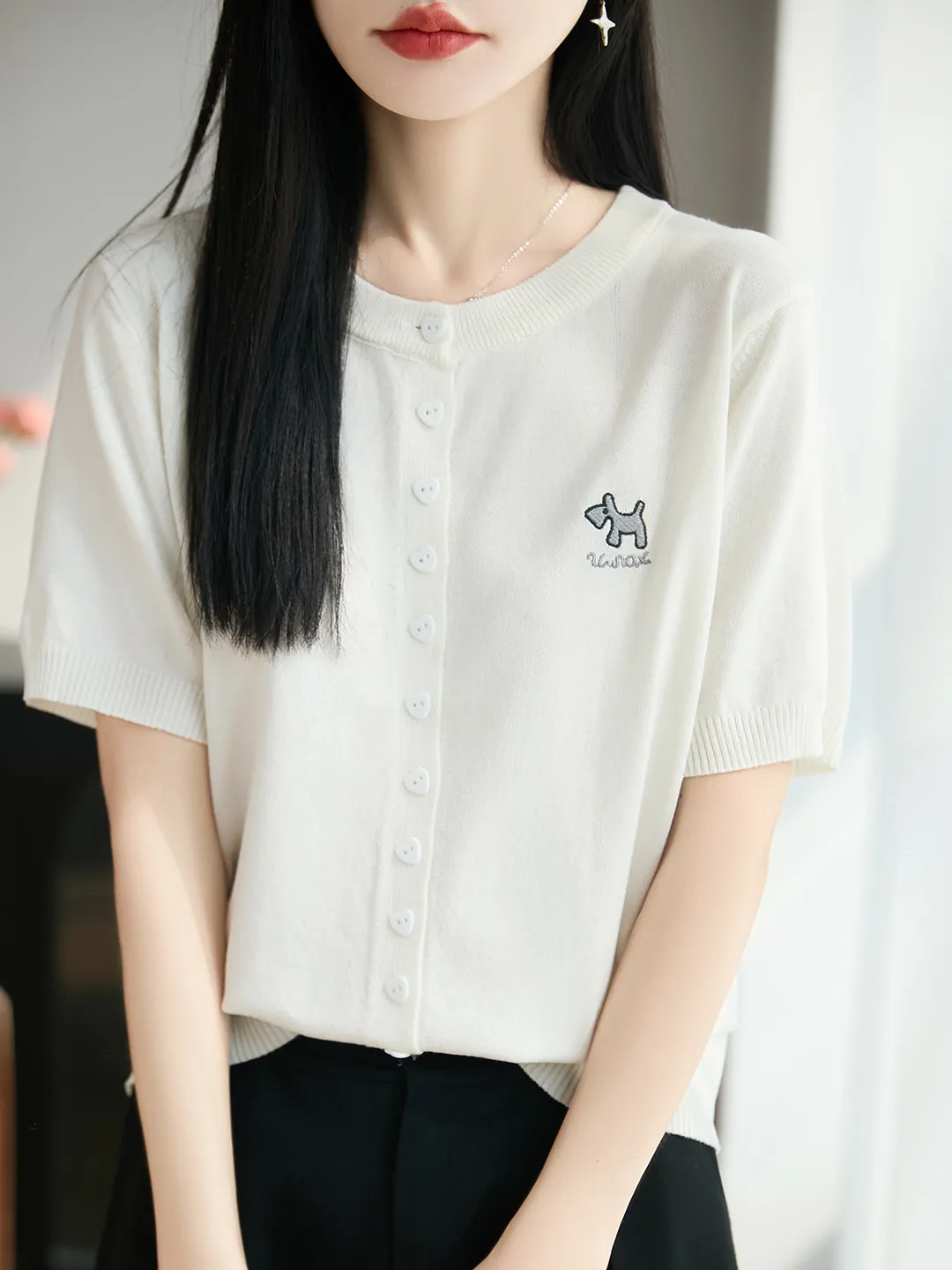 Elegant White round Neck Short Sleeve Knitted Open Cardigan Women's Summer Embroidered Button Ice Silk T-Shirt Casual Style H...
