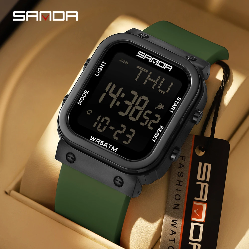 2026SANDA 9081 Classic Digital Sports Watch Men's Square Dial Military LED Display Multi Functional Chronograph Waterproof Watch