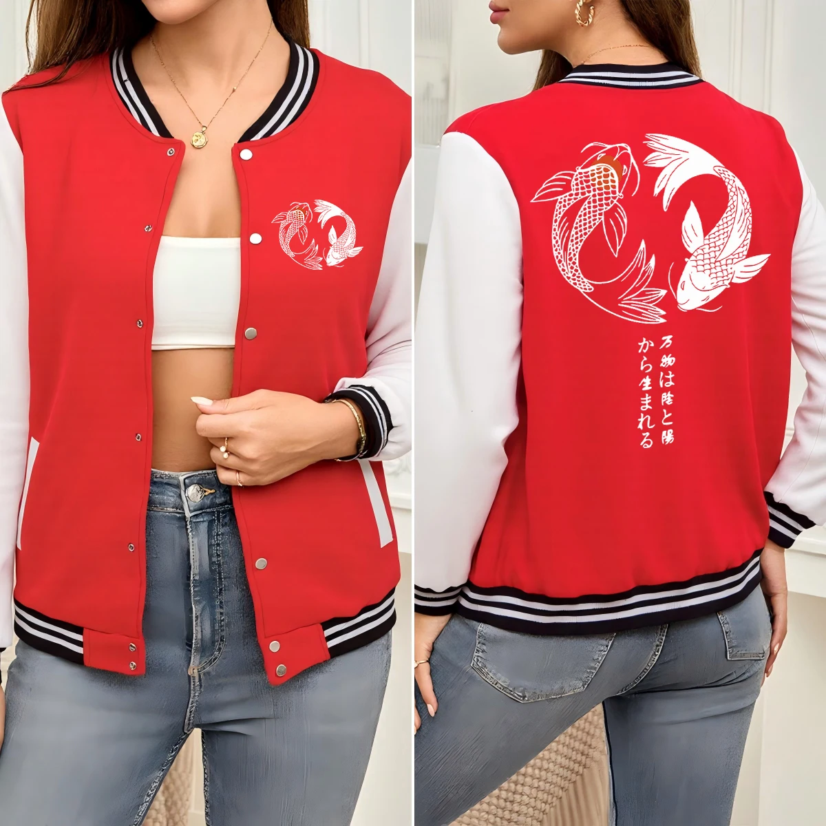 

Japanese Koi Harajuku Illustration Printed Women Jackets Autumn Cotton Baseball Uniform Loose Sportswear Colorful Clothes