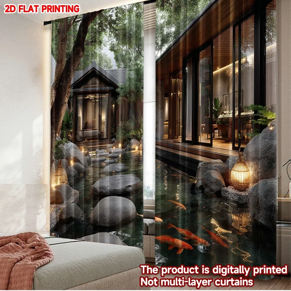 2pcs Chinese Koi Pond Curtains Digital Printing,Oriental Garden with Swimming Carp Stone Bridge Pagoda for Zen Living Room Decor