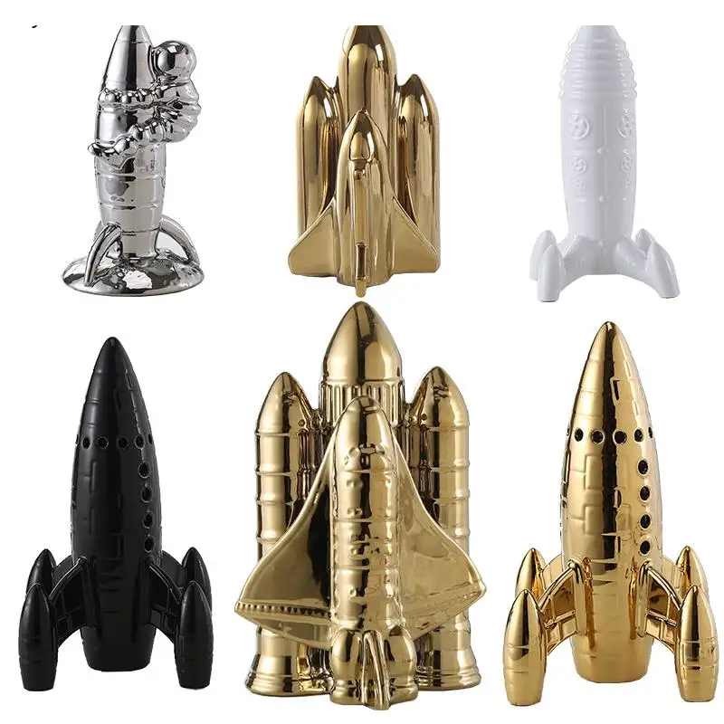 Golden Rocket Ornaments Aviation Spaceship Modern Model Ceramic Crafts Desktop Home Decoration Accessories