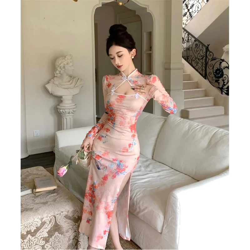 Emagrecimento impresso oco para fora gola longa sve midi dr coreano sle cintura alta seda poliéster primavera outono dr