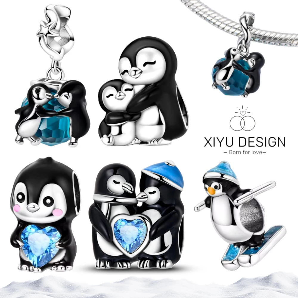 

Cute Penguin Charms Bead 925 Sterling Silver CZ Blue Zircon Cold Winter Pendants Fit Original Bangle Bracelet DIY Jewelry