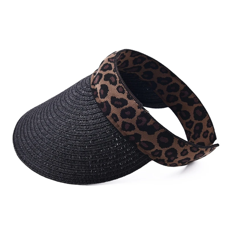 Fashion Retro Leopard Print Empty Top Hat Summer Wide Brim Beach for Sun Visor Hat for Outdoor Activities Camping Runnin