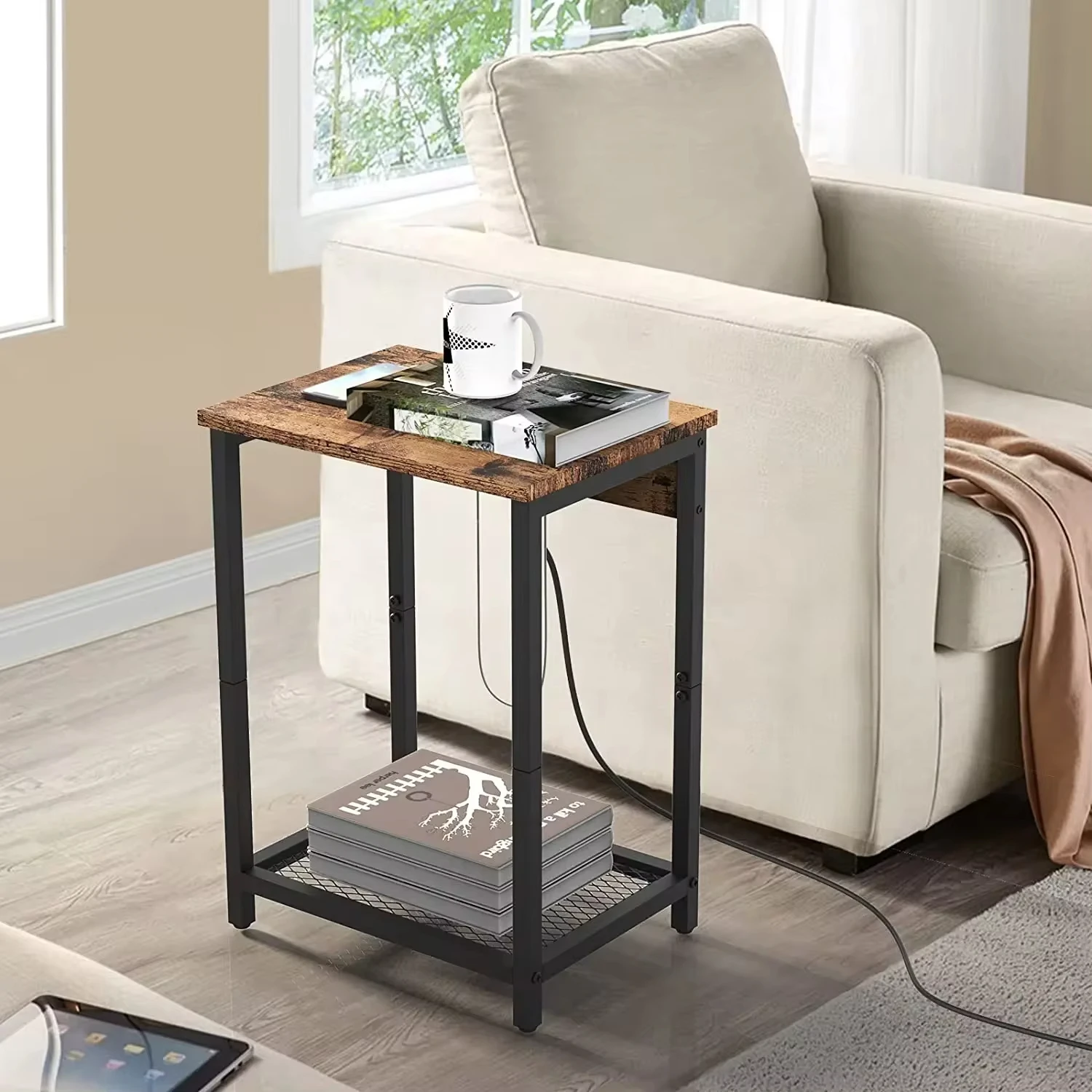 Set of 2 Side End Table Nightstand w/USB Ports & Power Outlets Bedroom Office