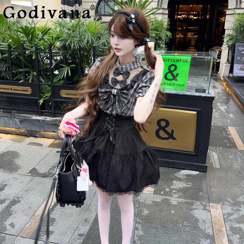 

Черное клетчатое кружевное платье в стиле Лолиты для женщин, летнее милое платье с большим бантом, женское элегантное уличное платье с короткими рукавами