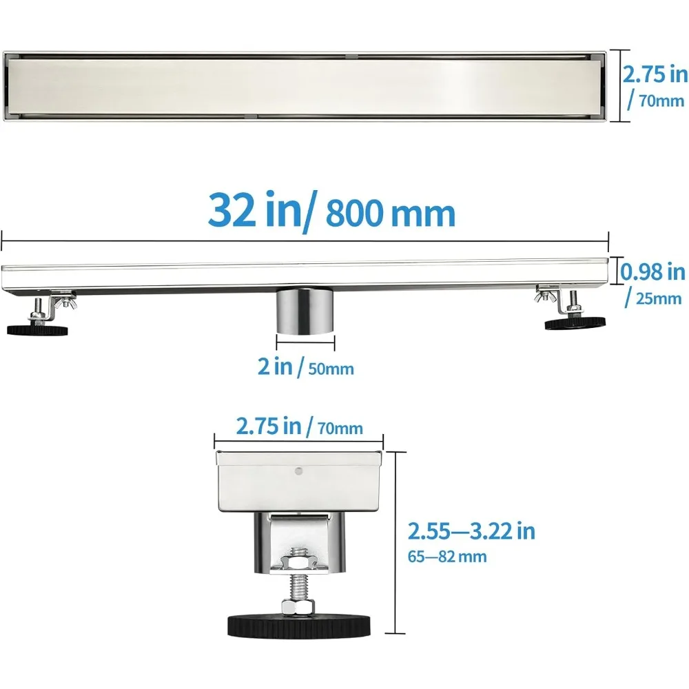 Desagüe de ducha rectangular de acero inoxidable, 32 pulgadas, acabado cepillado, cubierta con patrón de azulejo Reversible, diseño lineal para suelo de ducha