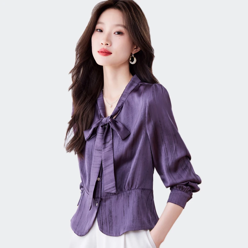 

Women's Lace-Up Sexy Purple Shirts High Quality Striped Long Sleeve Silk Blouses Office ady Simple Elegant Casual Tops
