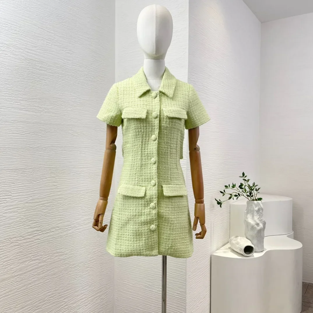 

Office Lady 2024 Turn Down Collar Green Short Sleeve Front Buttons Closure High Quality Tweed Mini Dress