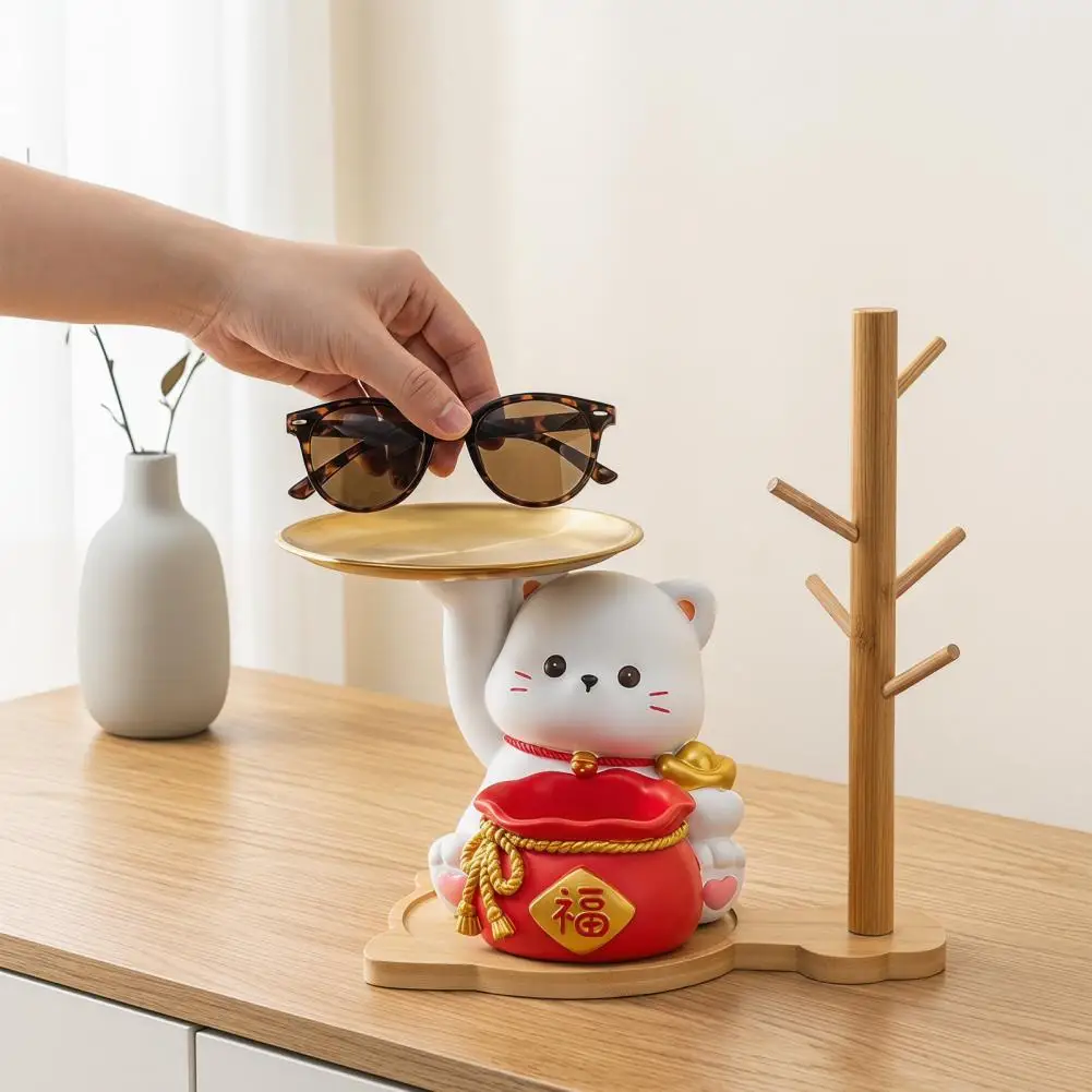 Decorative Key Tray Lucky Cat Key Holder Tray with Wooden Stand Entryway Jewelry Organizer for Rings Earrings Bracelets Cartoon