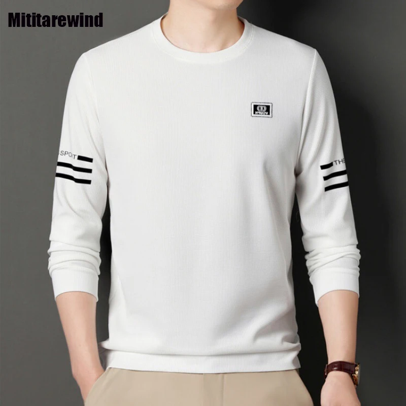 

Spring Autumn New Mens Tops Smart Casual Tshirts Brand O-neck Long Sleeve Three Bars Design T-shirt Korean Fashion Men Tees Slim