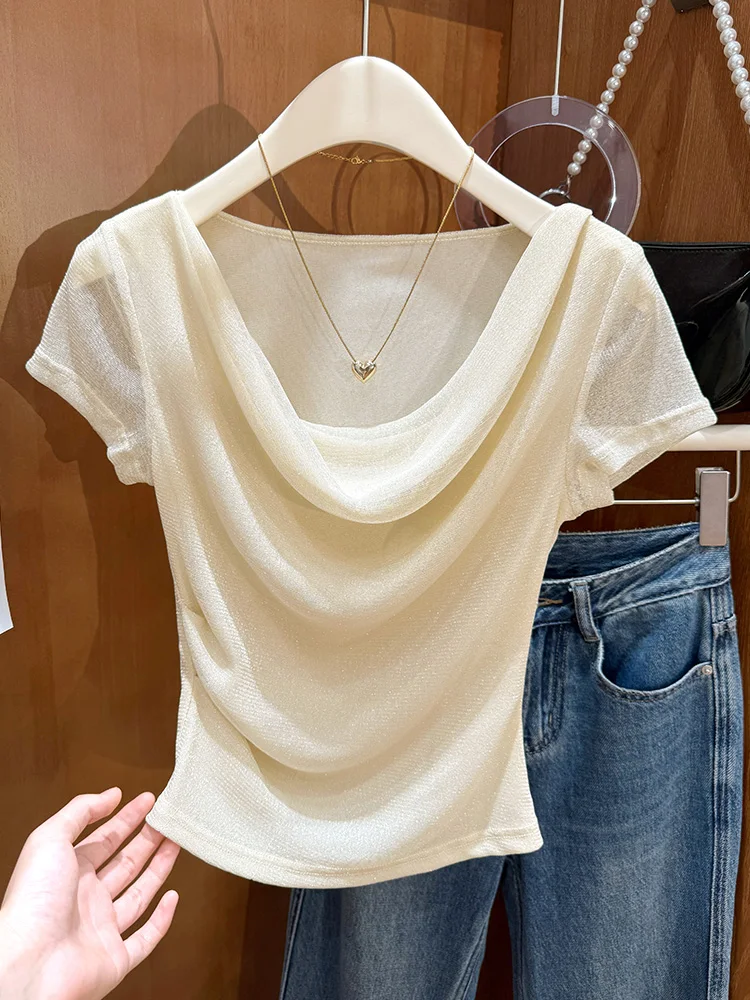 

Тонкая женская футболка из ледяного шелка с простым дизайном, украшенная рюшами и кружевом спереди, дышащий летний топ