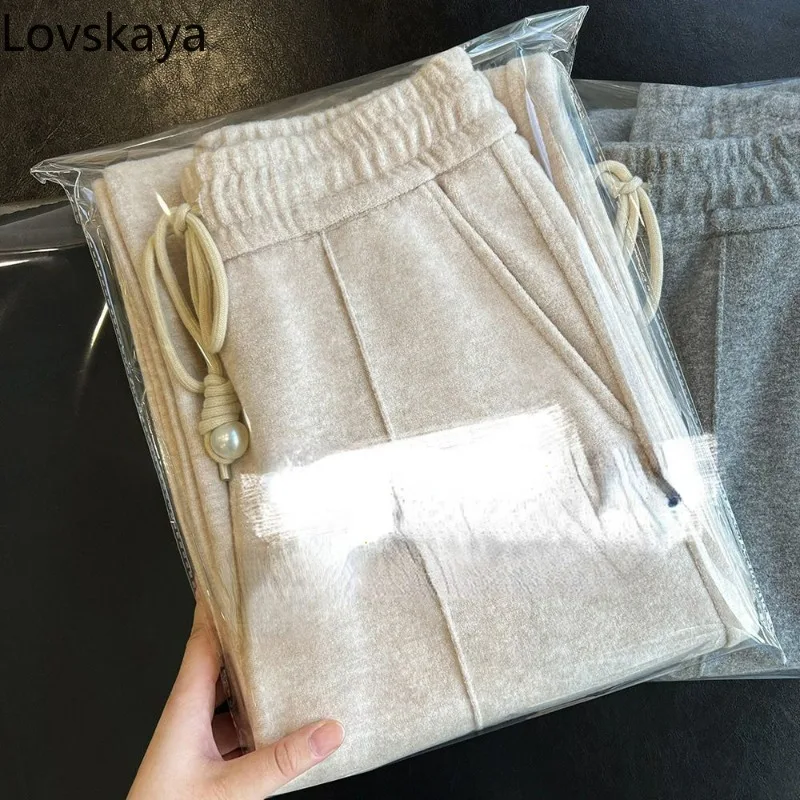 Leisure straight leg walking pants wide leg long pants for women glutinous ground velvet elastic waist sagging feeling slimming