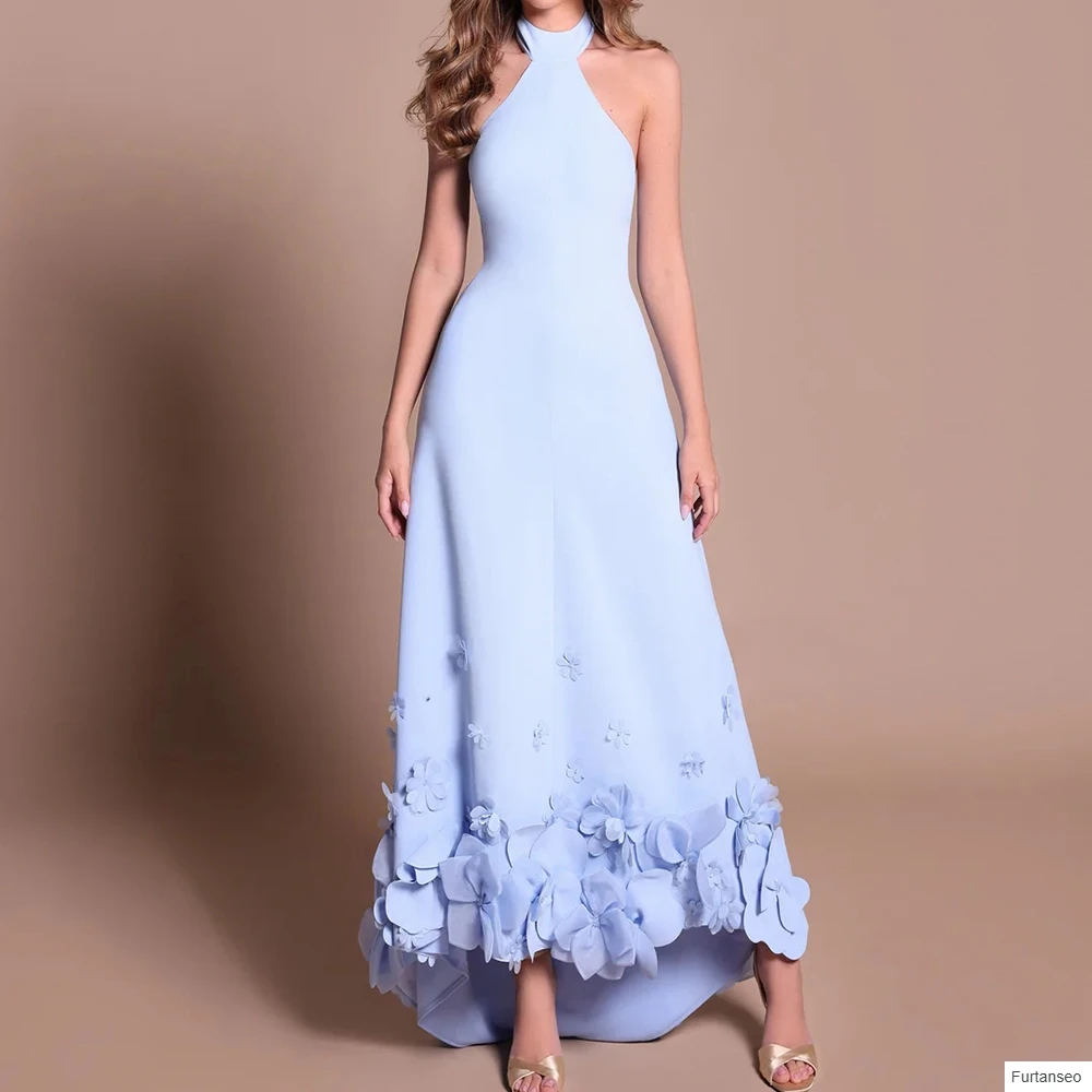 Light Blue Halter Neck A Line Evening Dress 3D Flower Ruffled High Low Hem Chiffon Formal Gown For Prom Bridesmaid Wedding Guest