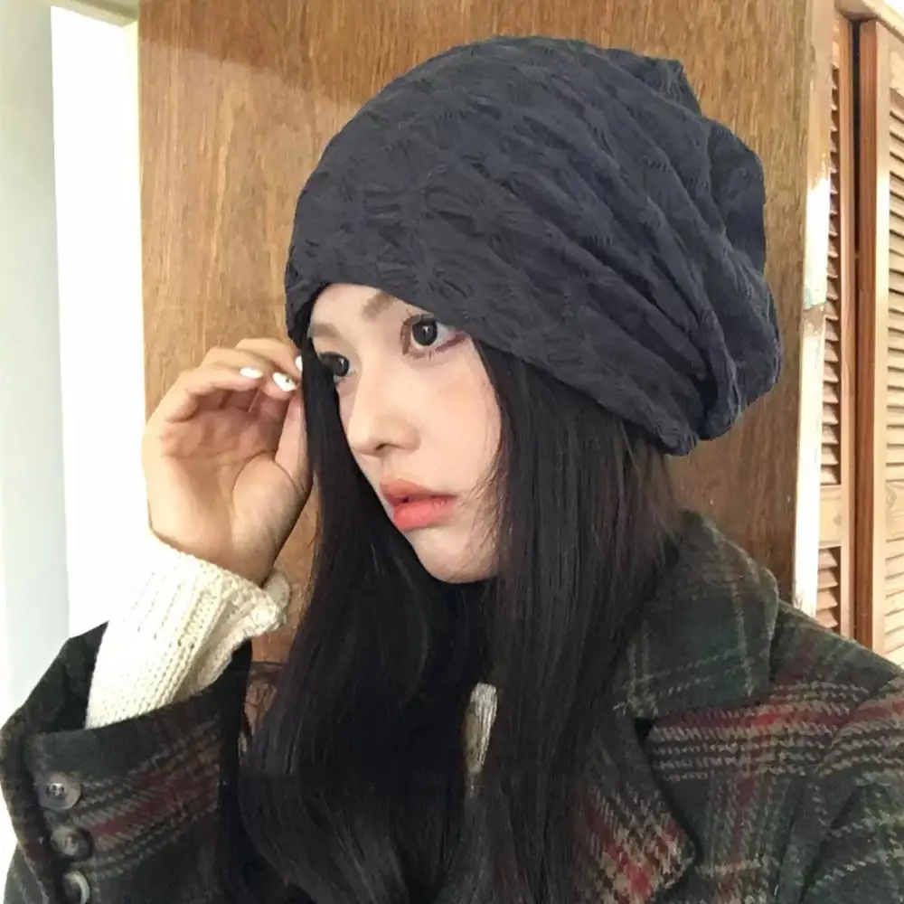 

Женская зимняя шапка, повседневная шапка Skullies, шапка с капюшоном, большая голова, морщинистая штабелируемая шапка, утягивающая уличная кепка, хиджаб, тюрбан, кепка