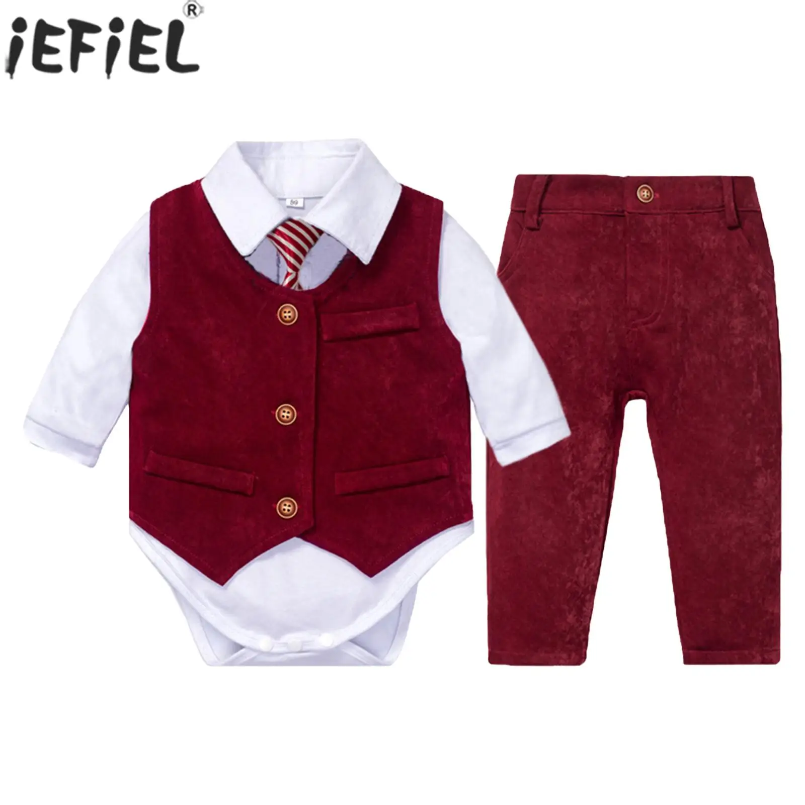 Infant Boys Formal Gentleman Suit Long Sleeve Lapel Bow Romper with Vest and Pants for Christening Wedding Birthday Party Prom