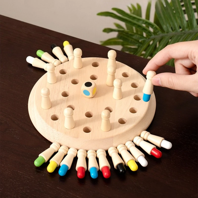 Wooden Memory Chess Game Color Matching Board 24 Pegs Dice Brain Training Educational Puzzle Toy for Kids Ages 3+