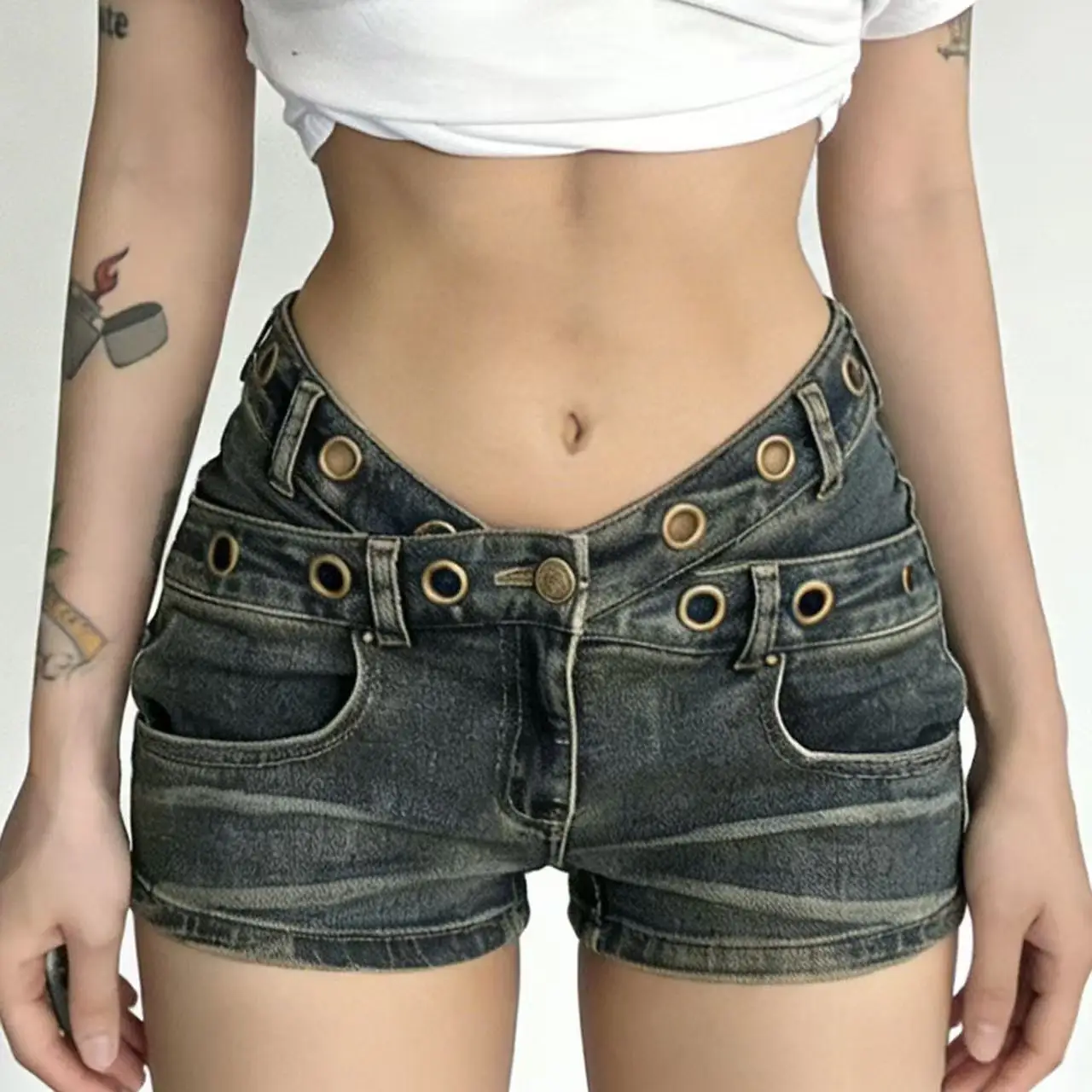 Y2K 2000s Vintage American Retro Distressed Denim Shorts Multi Eyelet Waist Slim Mini Bottoms Grunge Streetwear Women Teen Girls
