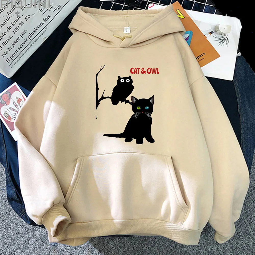 

A Cat and An Owl Hoodies Cartoon Graphic Sweatshirts Men Tops Harajuk Y2k Clothes Streetwear Women Long Sleeve Pullovers Male