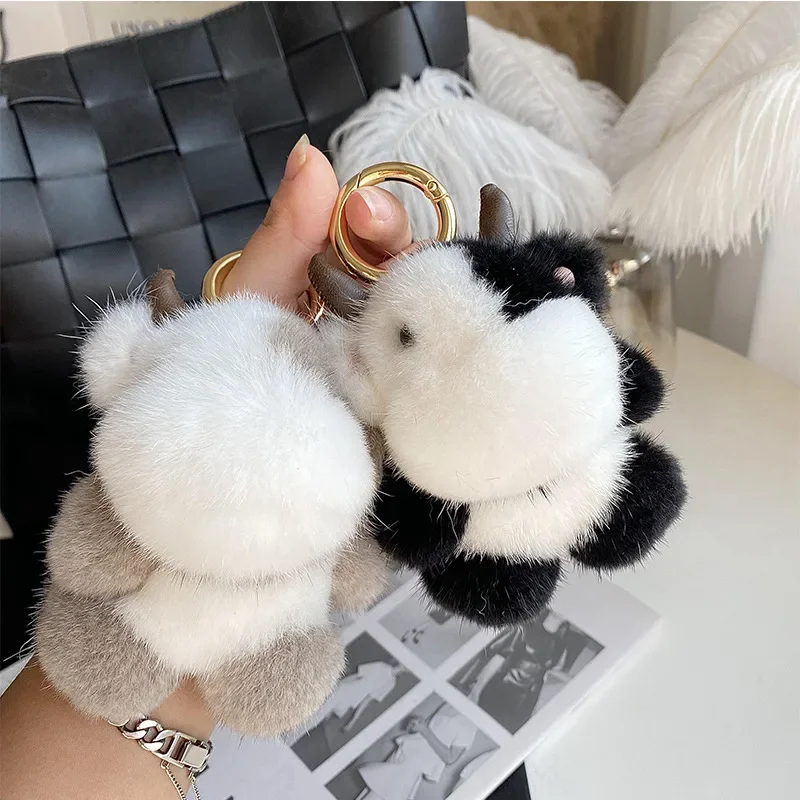 

Cute Cow Real Mink Fur Keychain Bag Charm Pendant Kids Plush Toy Ornament Car Keyring Trinkets Jewelry High End Birthday Gifts