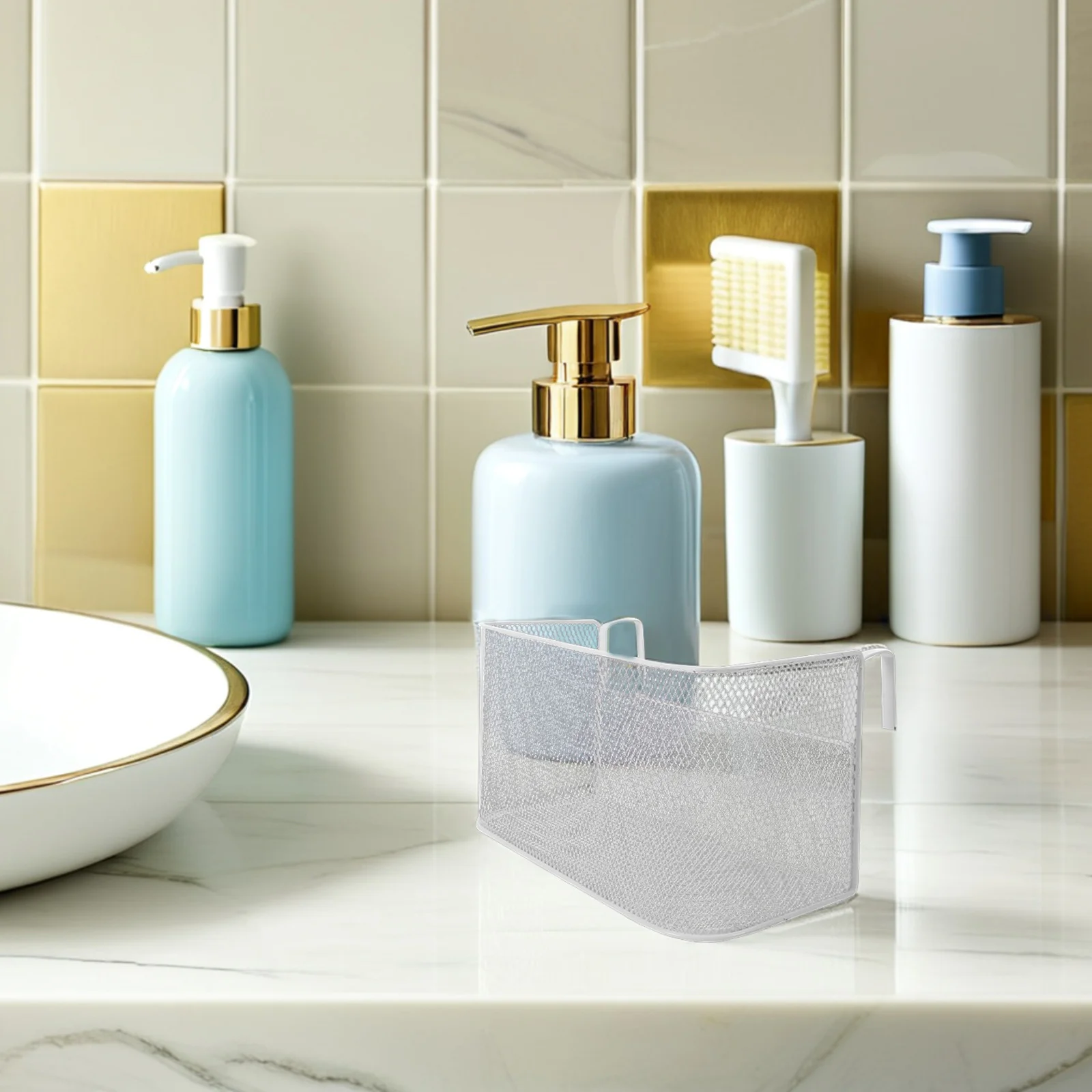 

Hanging Wire Basket for Bedside Bathroom - Metal Mesh Storage Organizer with for Toiletries Razors Loofahs Over