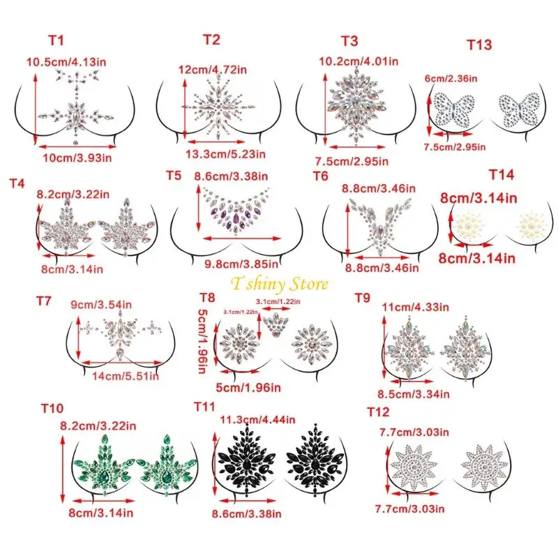 N58f ملصقات الصدر الكريستالي للسيدات من أحجار الراين الحجرية أحجار صدر جسم الثدي لفساتين السهرة وملابس السباحة