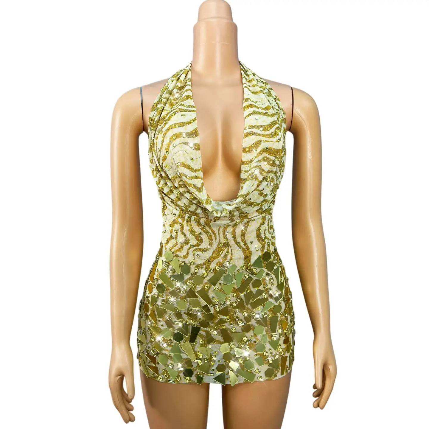 

Jinsuixiaoloubei Luxury Gold Mirror Embellished Halter Neck Mini Dress Deep V Bodycon Party Clubwear Prom Gowns