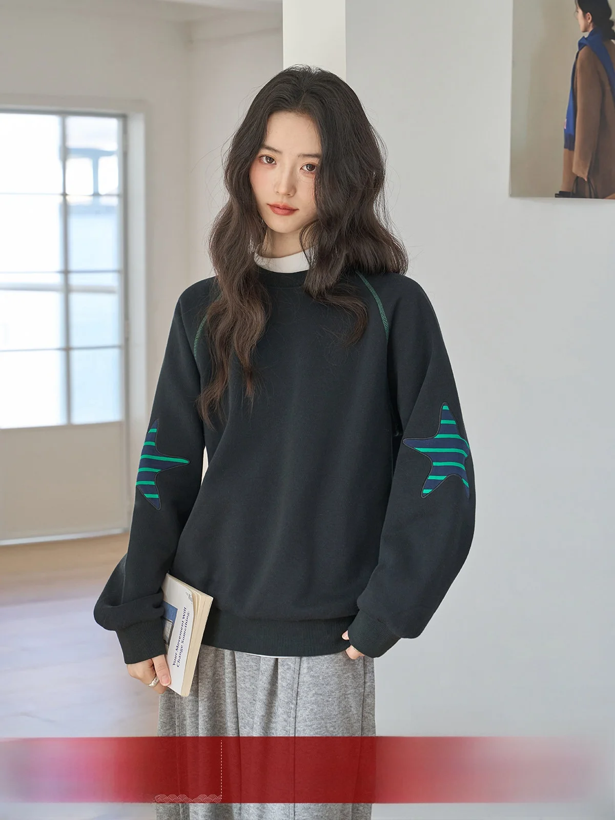 

Женская теплая зимняя толстовка MoZao Deep ey Fce Lined Long Sve, повседневный свободный крой, корейский стиль