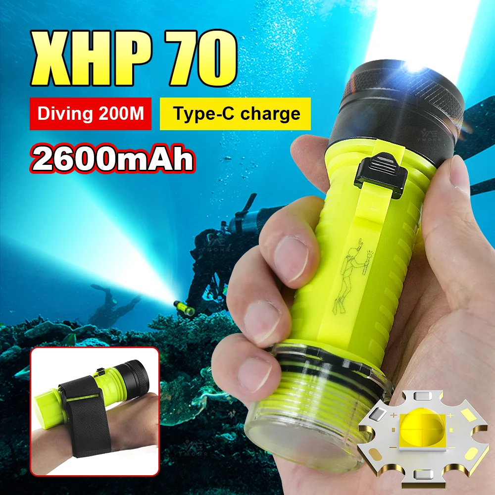 XHP70 Professional Diving Flashlight Underwater Lantern Rechargeable LED Flashlight Diving Light IPX8 Waterproof Scuba Diving