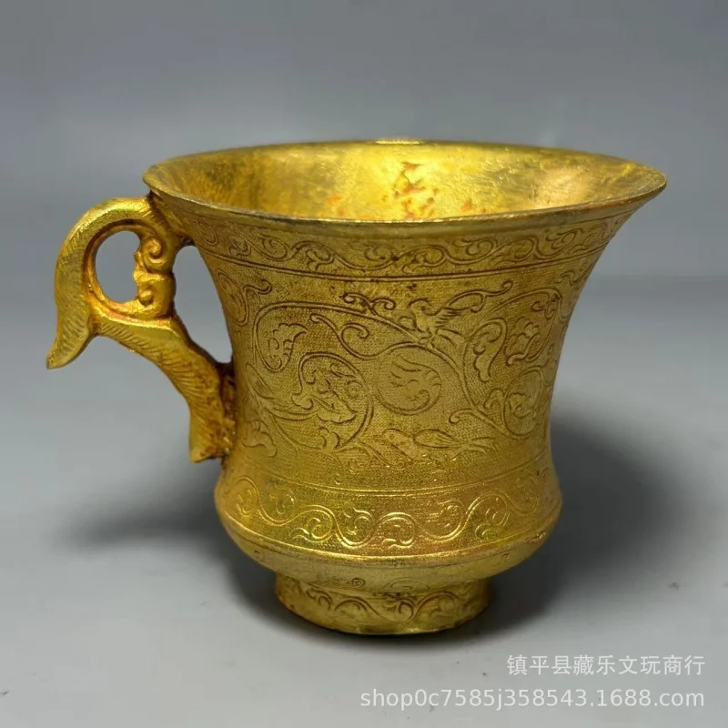 Antique Collection Octagonal with Engraved Hunting Motif Pattern, Gilt Water and Wine Cup, Home Decorative Ornament for