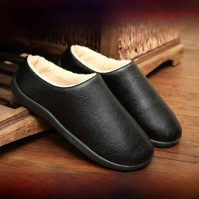 

2025 New Men's Cotton Slippers Leather Surface Winter Warm Waterproof Non-Slip Home Kitchen Work oes f Slip-On Casual Sl...