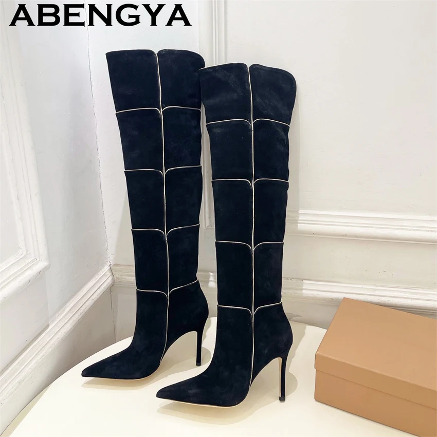 Suede Real Leather Knee High Boots Women Pointy Toe Thin High Heels Chelsea Boots 2026 Winter Fashion Week Long Boots Feminine