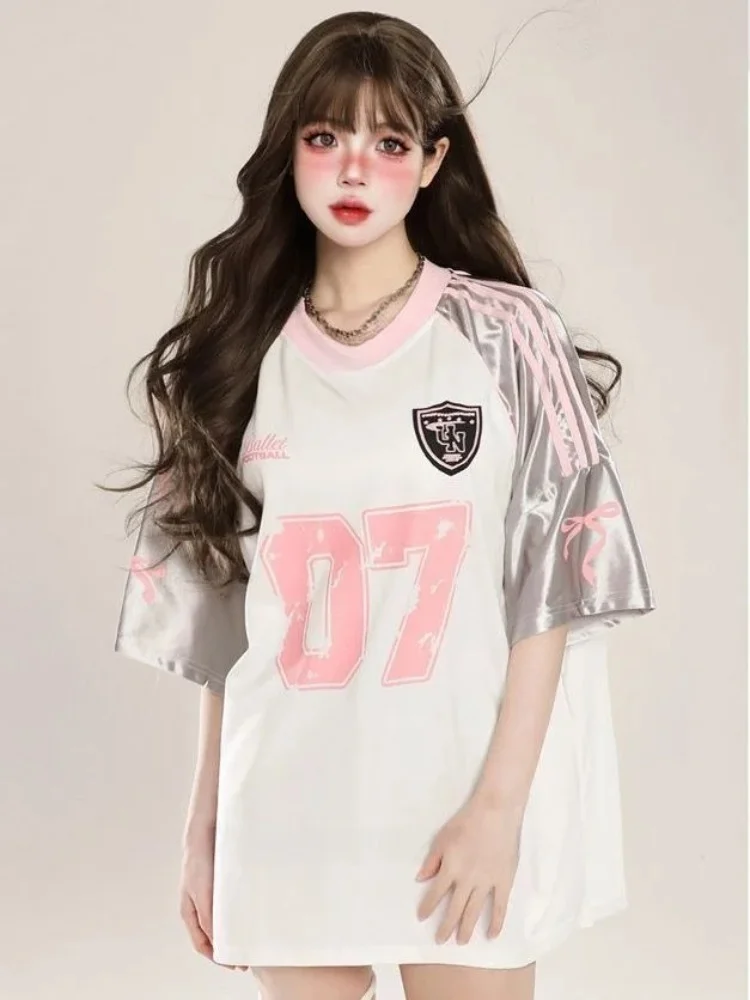 

Retro American Spliced Print Short Sleeve T-Shirt Women Summer Casual Sports Loose V-neck Shirt Trendy Streetwear Sportwear Top