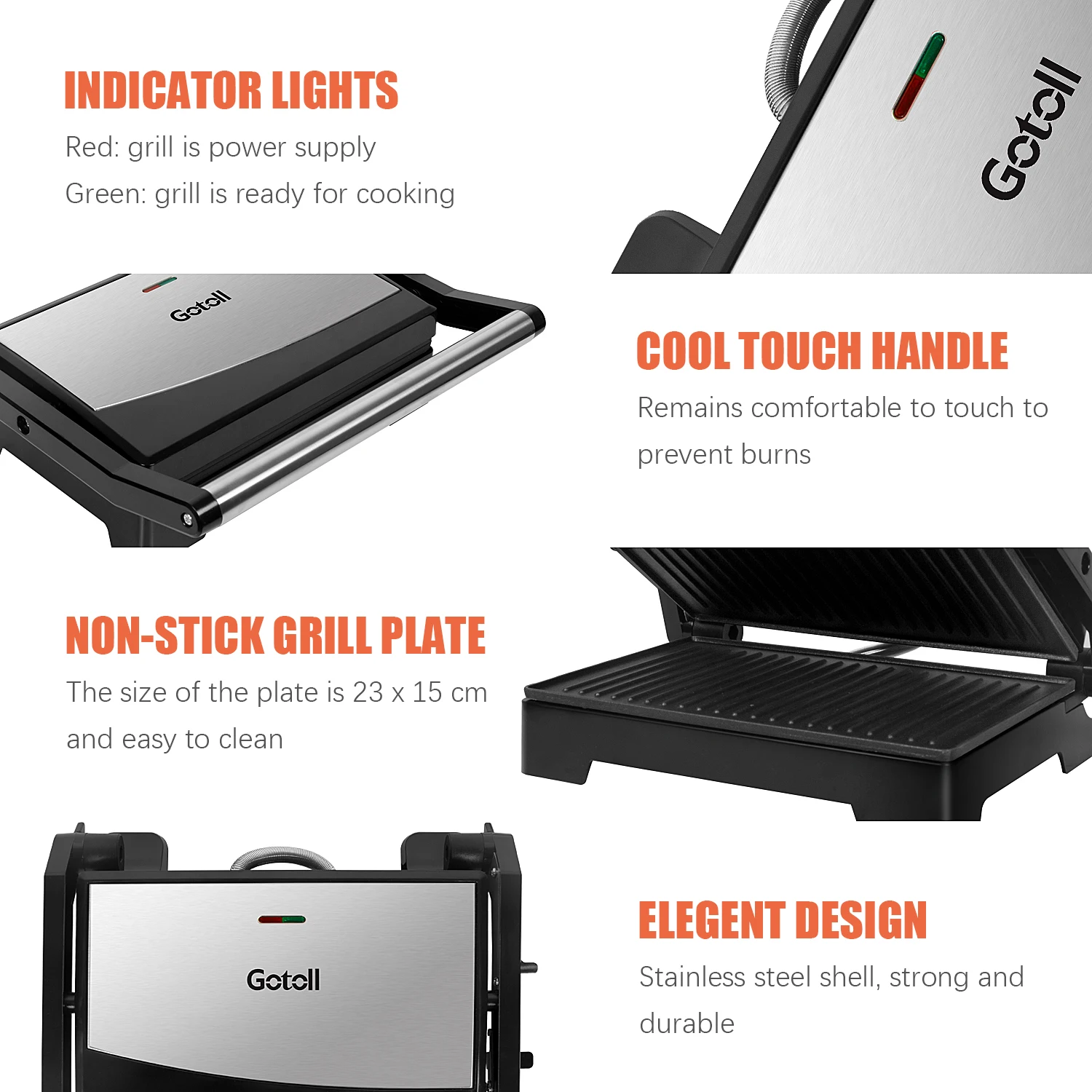 Contact Grill for sandwiches, steak and as Panini grill, non-stick sandwich maker for fat-free barbecue, 900 W, met