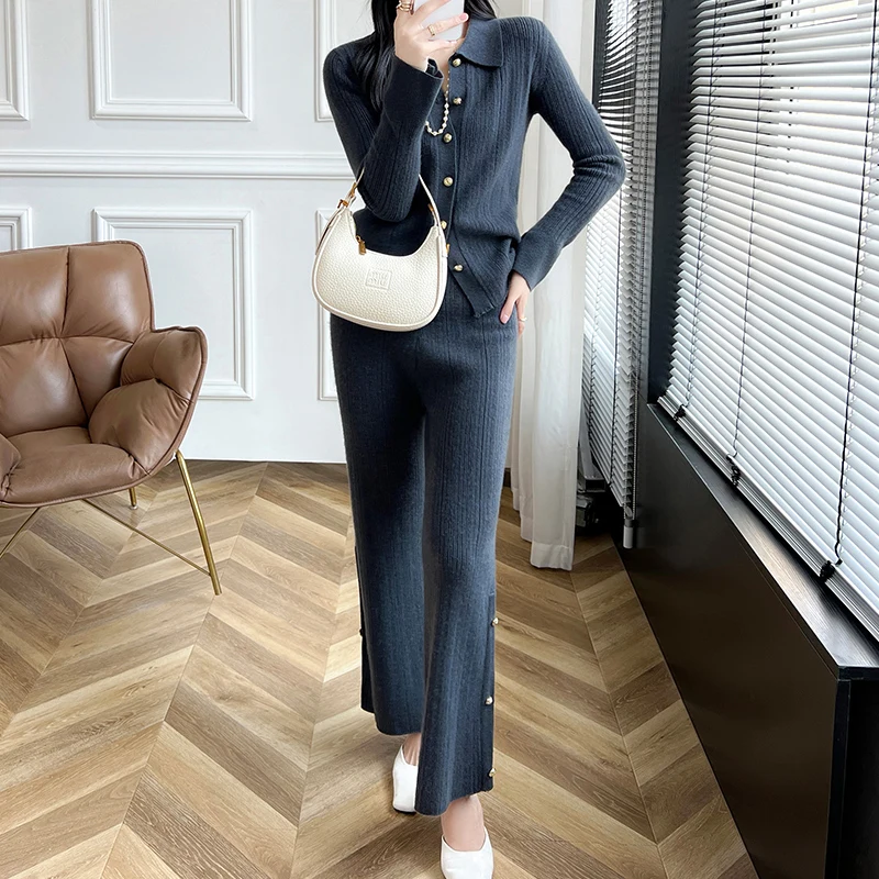 Autumn and winter women POLO collar 100% pure wool two-piece hollow coat loose retro exquisite wide-leg pants suit.