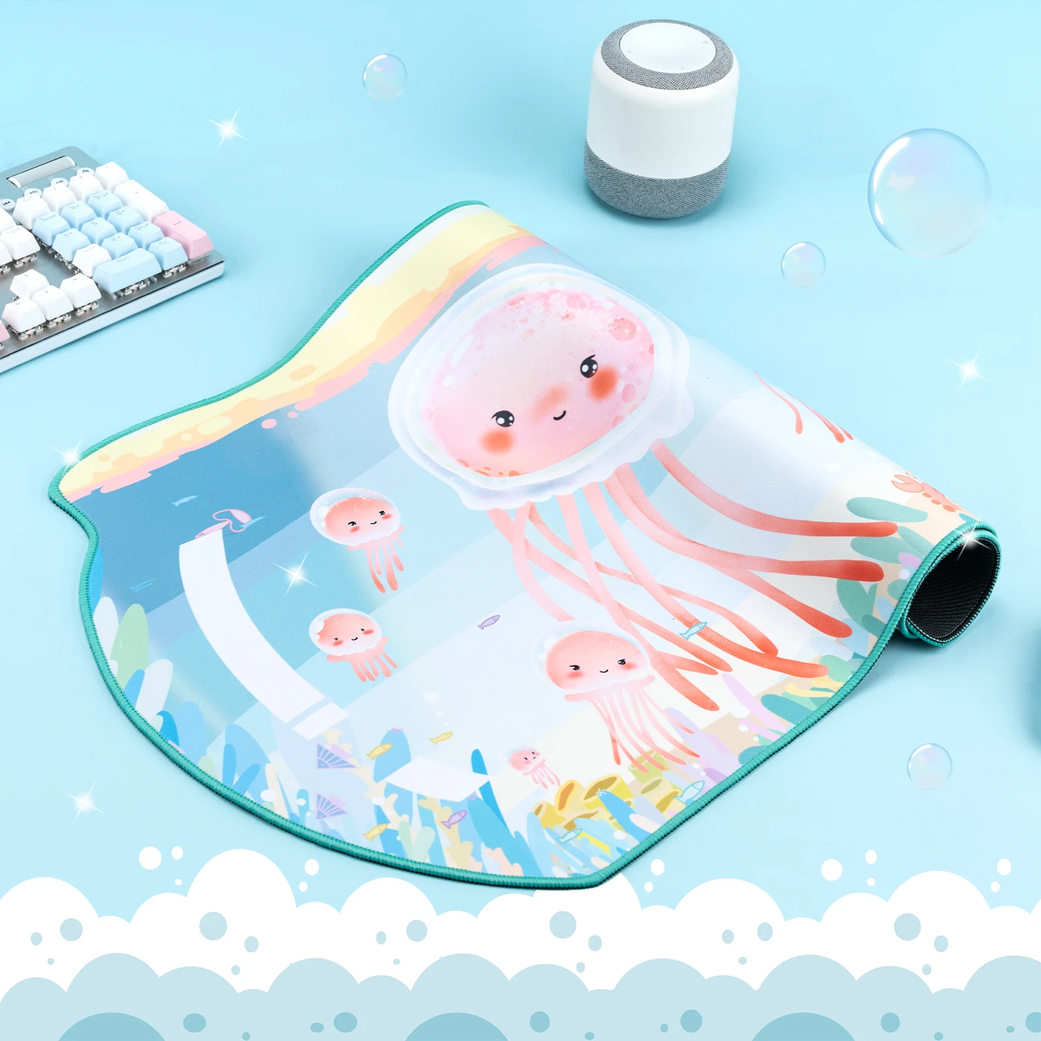 Extra Large Kawaii Gaming Mouse Pad Cute Pastel Blue Jelly Fish XXL Big Desk Mat Water Proof Nonslip Laptop Desk Accessories