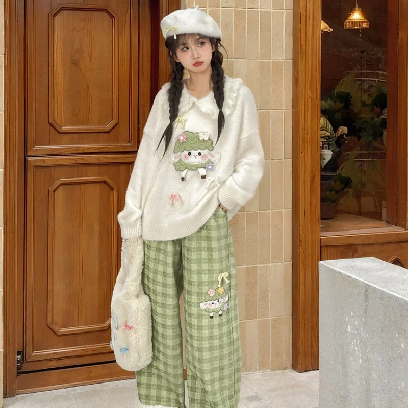 Lamb Plaid Pants Autumn Winter Sweater Plaid Skirt Set Girls Fresh Clothes Set Peter Pan Collar Sweater
