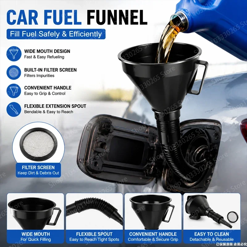 Car Fuel Funnel with Filter Screen, Flexible Extension Spout & Handle, Wide Mouth for Fast, Safe Refueling & Oil Change