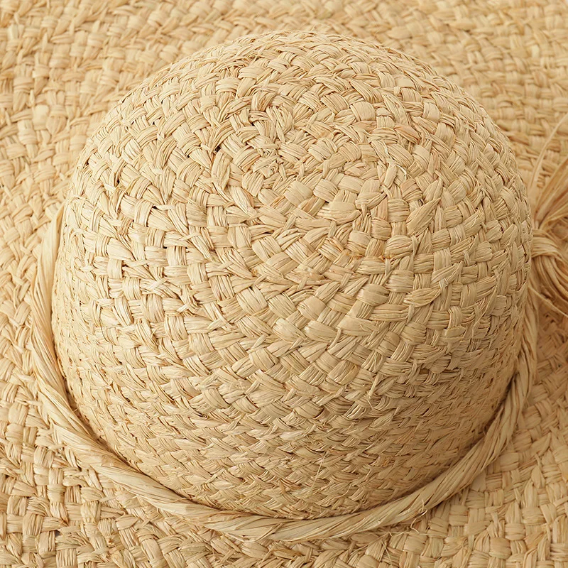 X304 Hand Woven Lafite Tether Decorative Dome Wide Brim Sun Cap Lafite Straw Hat Sunscreen Straw Hat Beach Cap