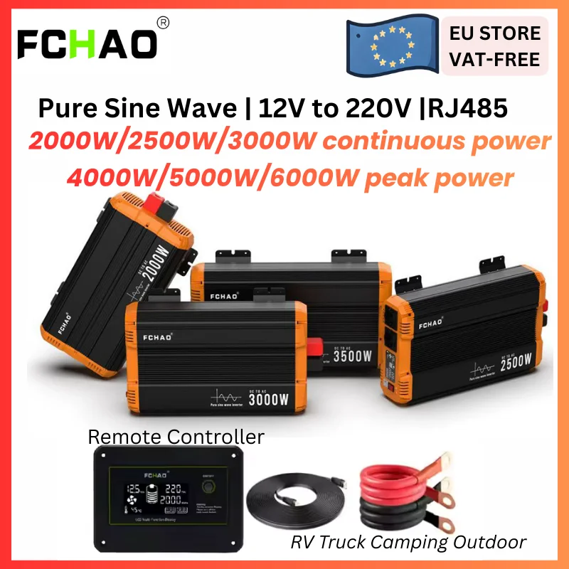 Convertisseur de courant pour voiture FCHAO 2000W/2500W/3000W 12V vers 220V/230V 50Hz, onde sinusoïdale pure, DC-AC, avec écran LCD et télécommande