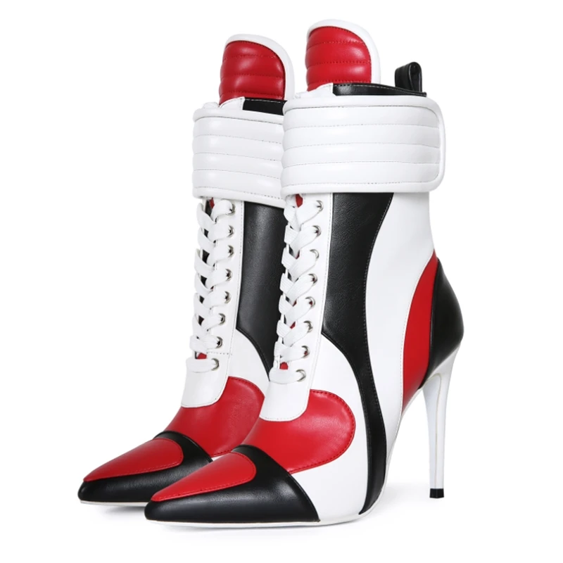 

Mixed Colors Red Black White Leather Patchwork Ankle Boots Lace-up Pointed Toe PU High Heels Women Short Booties Plus Size 45