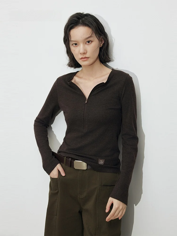 

XMOOM2026 Spring Texture Material f Zip round Ne Slim Long Sve Top Women's irt Casual Basic Color